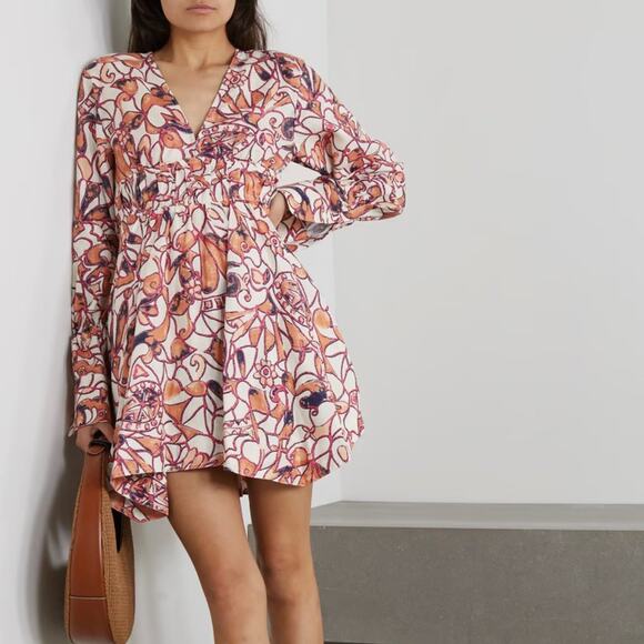 A.L.C. Salina Linen Abstract Long-Sleeve Handkerchief Mini Dress Sz 0 NWT {I25} - Picture 1 of 5